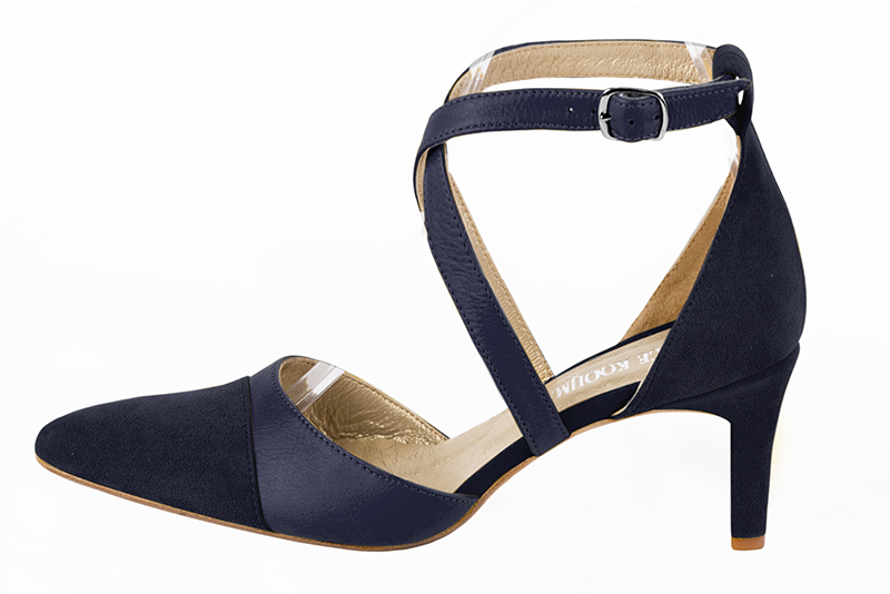 Navy blue women's open side shoes, with crossed straps. Tapered toe. Medium comma heels. Profile view - Florence KOOIJMAN